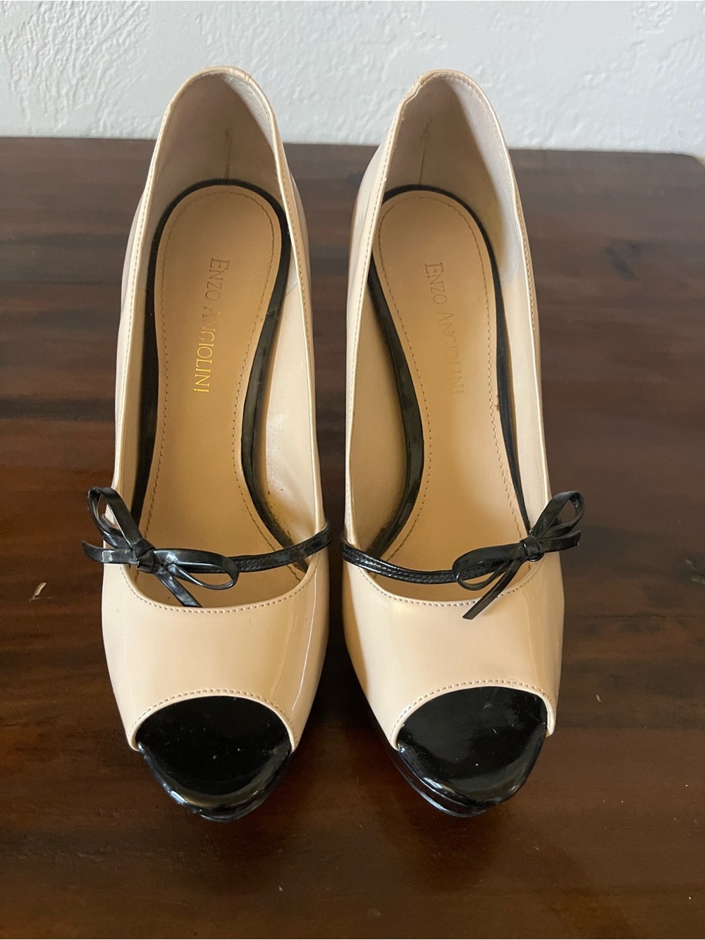 Enzo Angiolini Nude and Black Patent Peep-Toe Pumps with Bow Accent